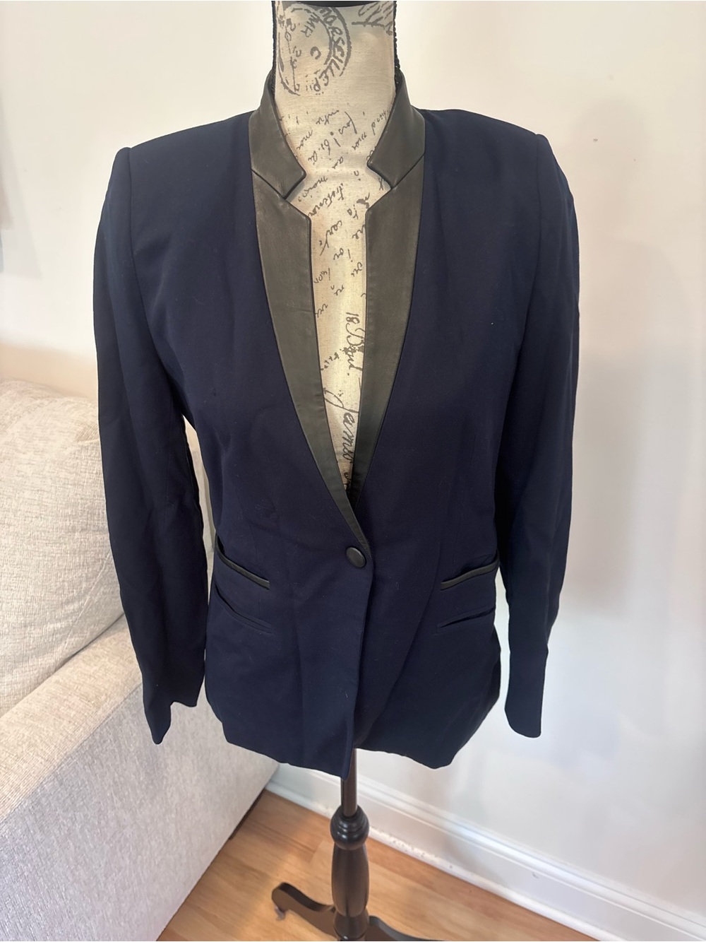 Sandro Paris navy blue tailored blazer styled with leather detailing size 36
